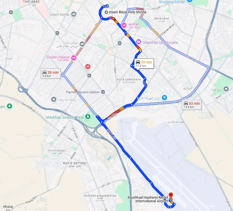 فاصله فرودگاه مشهد تا حرم